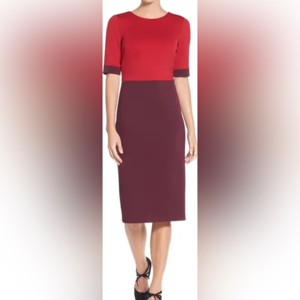 Maggy London Two-Tone Red and Burgundy Midi Dress
